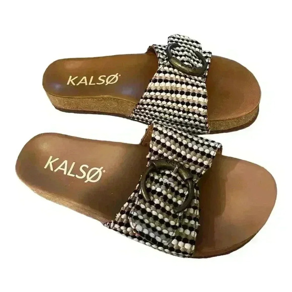 Kalso Earth Women's Sandals Size 8.5 Brown Slide Cork Footbed Buckle Strap - Picture 2 of 6